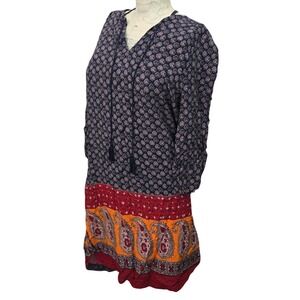beachlunchlounge Tunic Dress Womens XS Navy Blue Orange Paisley Boho Tie Neck